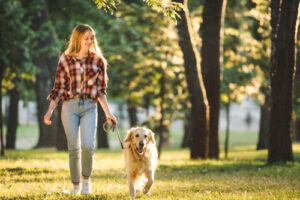 girl walking dog 